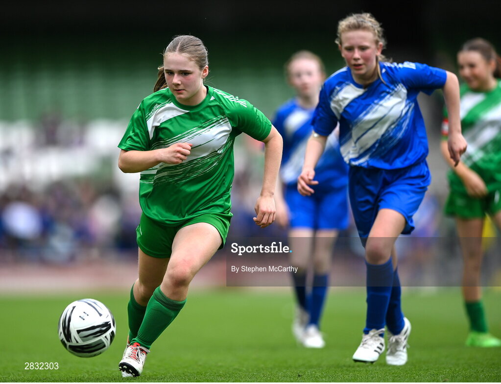 29 May 2024; Anna Cooley of Tierneevin NS, Galway, during the FAI Primary 5s Finals day at Aviva Stadium in Dublin. Photo by Stephen McCarthy/Sportsfile