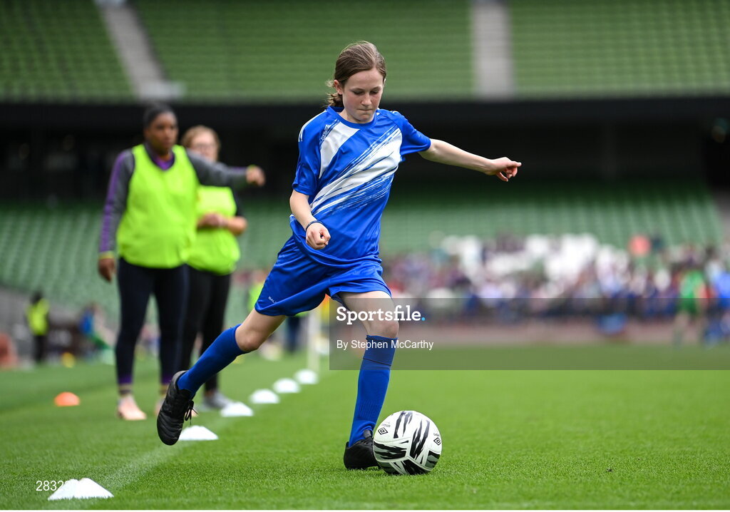 29 May 2024; Keira Lyons of St Leonard’s NS, Dunnamaggin, Kilkenny, during the FAI Primary 5s Finals day at Aviva Stadium in Dublin. Photo by Stephen McCarthy/Sportsfile