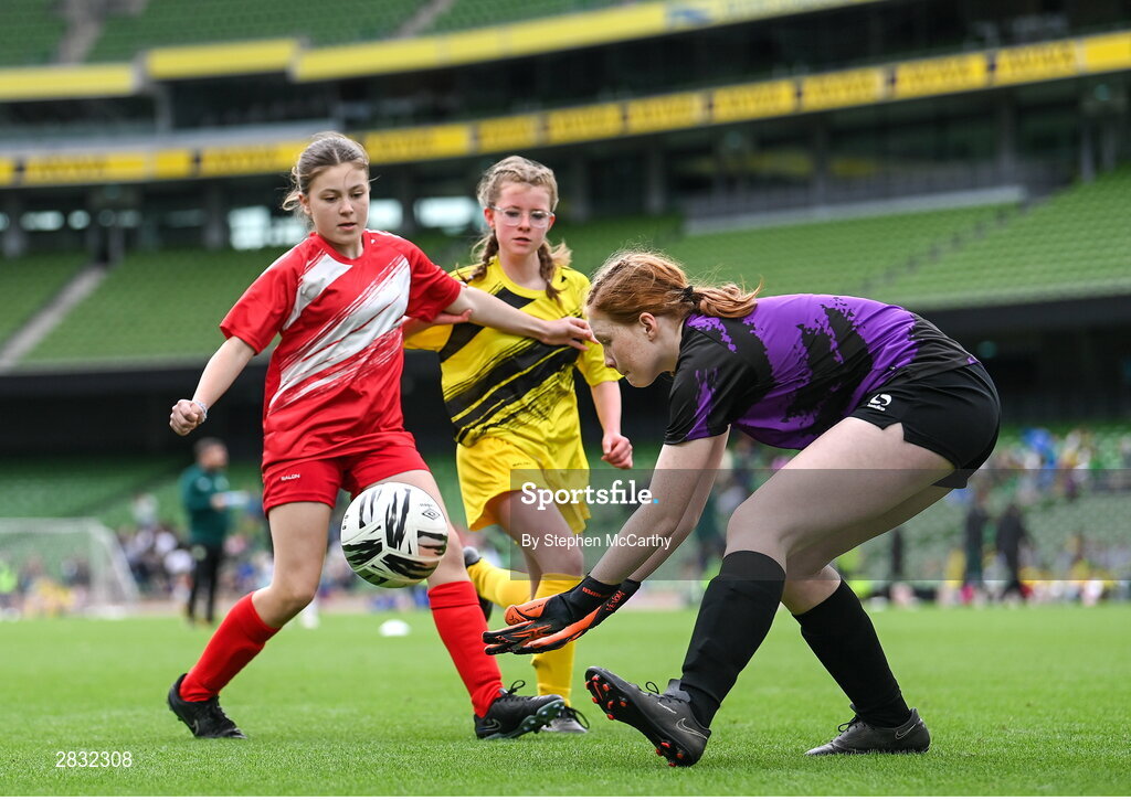 29 May 2024; Gurrane NS, Cork, goalkeeper Orla Collins during the FAI Primary 5s Finals day at Aviva Stadium in Dublin. Photo by Stephen McCarthy/Sportsfile