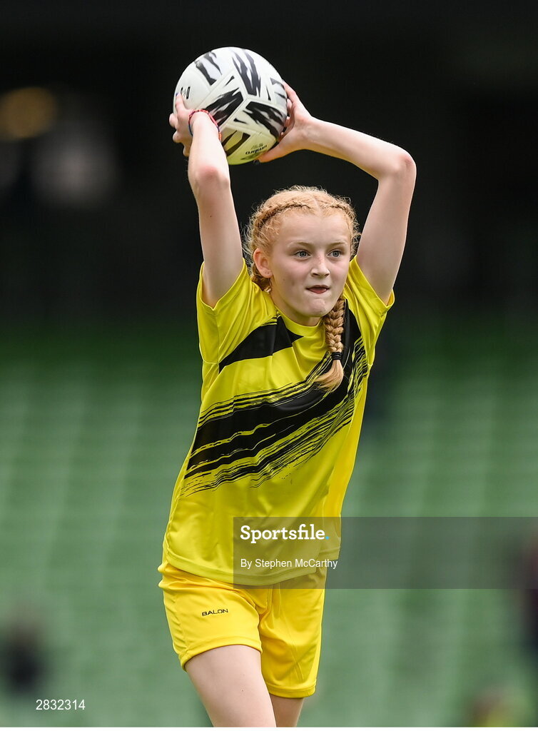 29 May 2024; Andie Forde Peat of Scoil Mhuire, Lacken, Cavan, during the FAI Primary 5s Finals day at Aviva Stadium in Dublin. Photo by Stephen McCarthy/Sportsfile