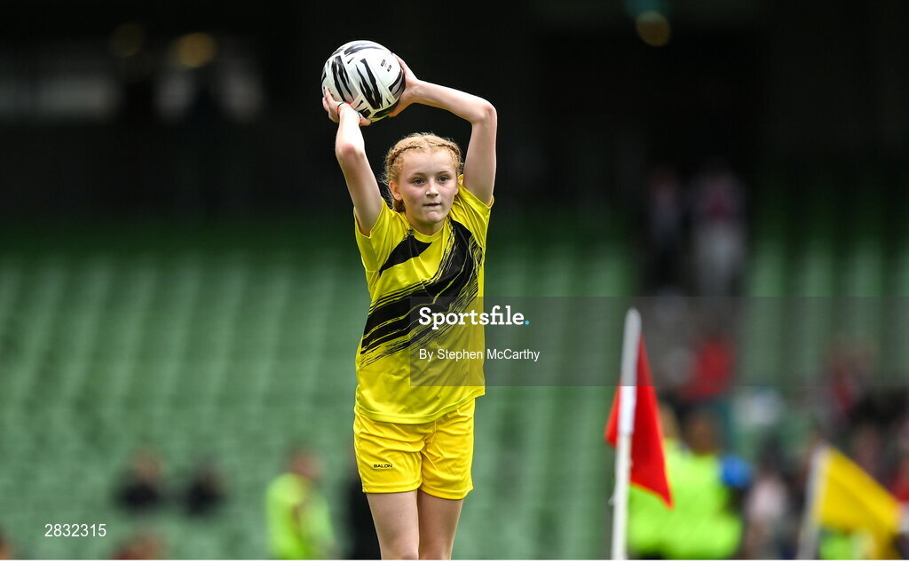 29 May 2024; Andie Forde Peat of Scoil Mhuire, Lacken, Cavan, during the FAI Primary 5s Finals day at Aviva Stadium in Dublin. Photo by Stephen McCarthy/Sportsfile