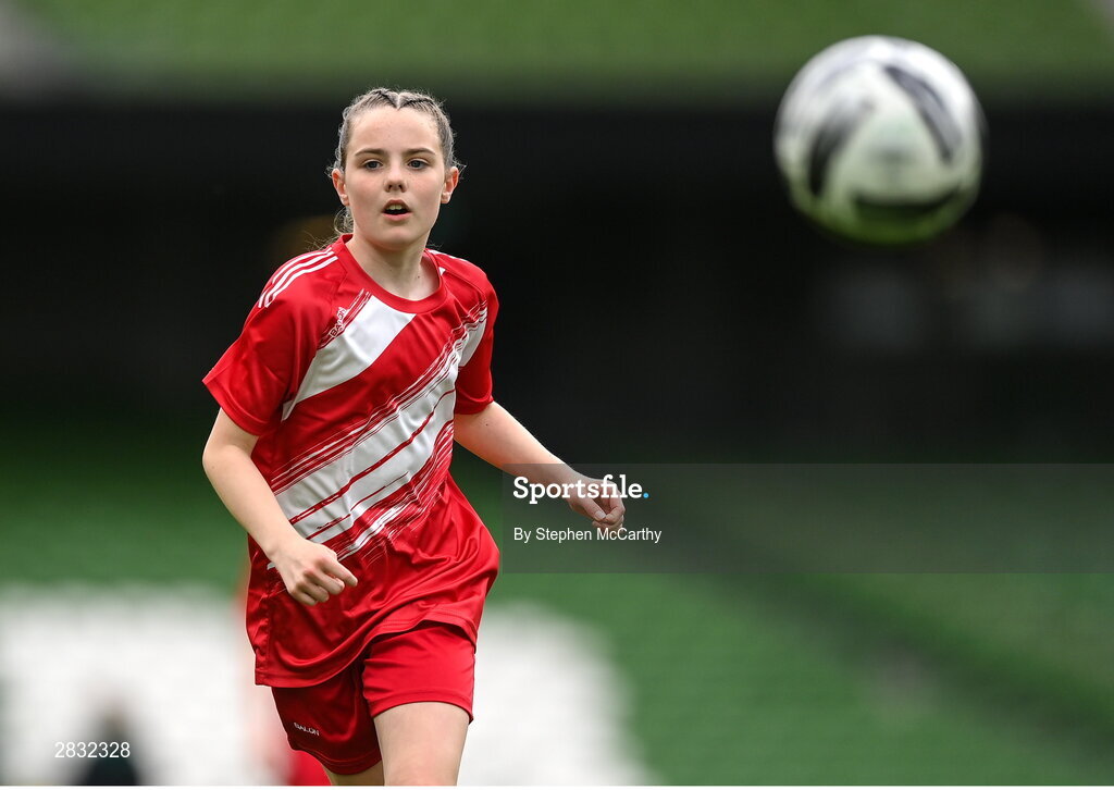29 May 2024; Lucy McCarthy of Gurrane NS, Cork, during the FAI Primary 5s Finals day at Aviva Stadium in Dublin. Photo by Stephen McCarthy/Sportsfile