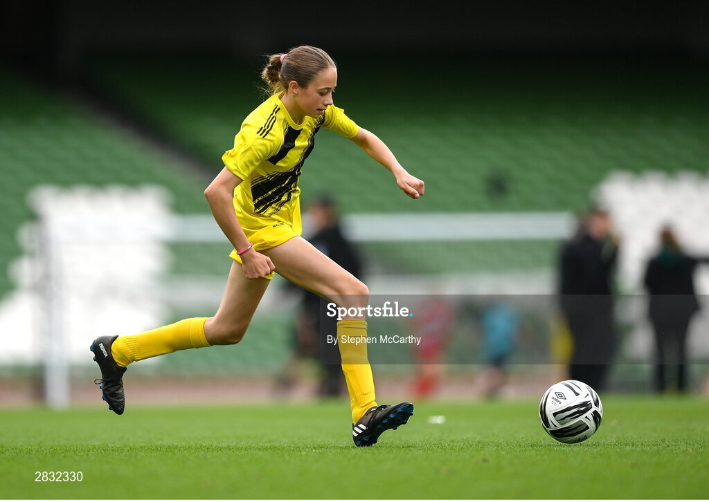 29 May 2024; Riona Crowe of Scoil Mhuire, Lacken, Cavan, during the FAI Primary 5s Finals day at Aviva Stadium in Dublin. Photo by Stephen McCarthy/Sportsfile