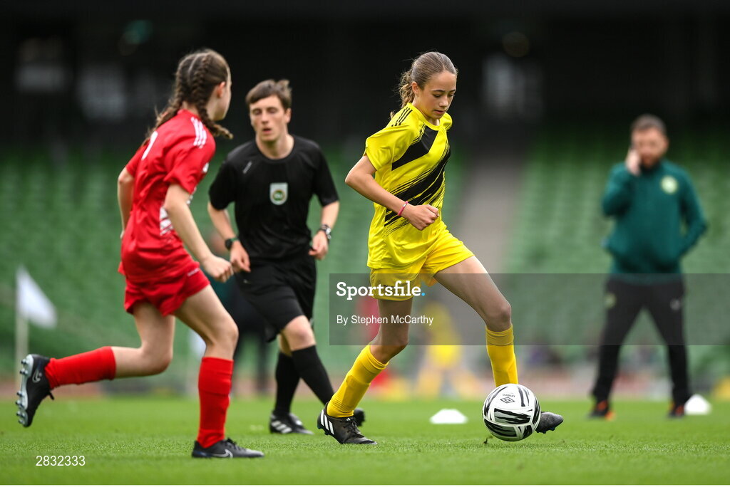 29 May 2024; Riona Crowe of Scoil Mhuire, Lacken, Cavan, during the FAI Primary 5s Finals day at Aviva Stadium in Dublin. Photo by Stephen McCarthy/Sportsfile