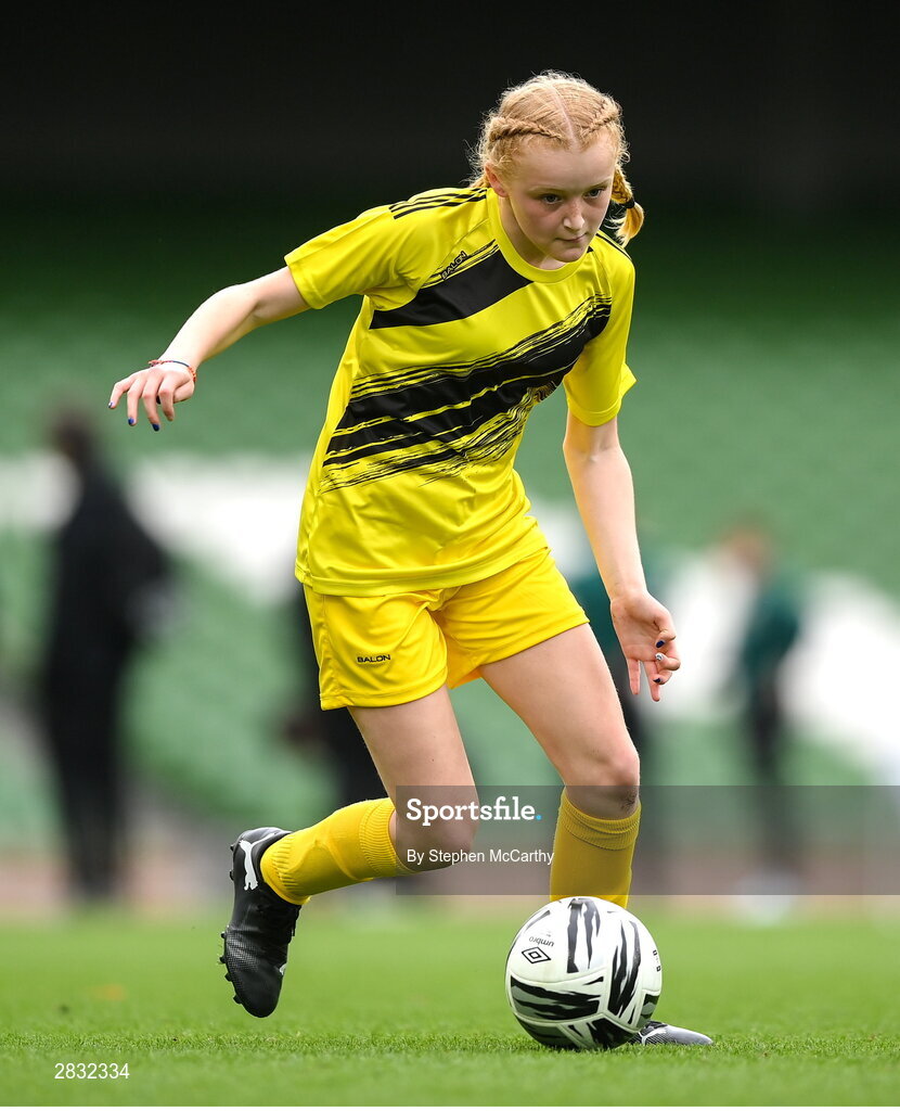 29 May 2024; Andie Forde Peat of Scoil Mhuire, Lacken, Cavan, during the FAI Primary 5s Finals day at Aviva Stadium in Dublin. Photo by Stephen McCarthy/Sportsfile