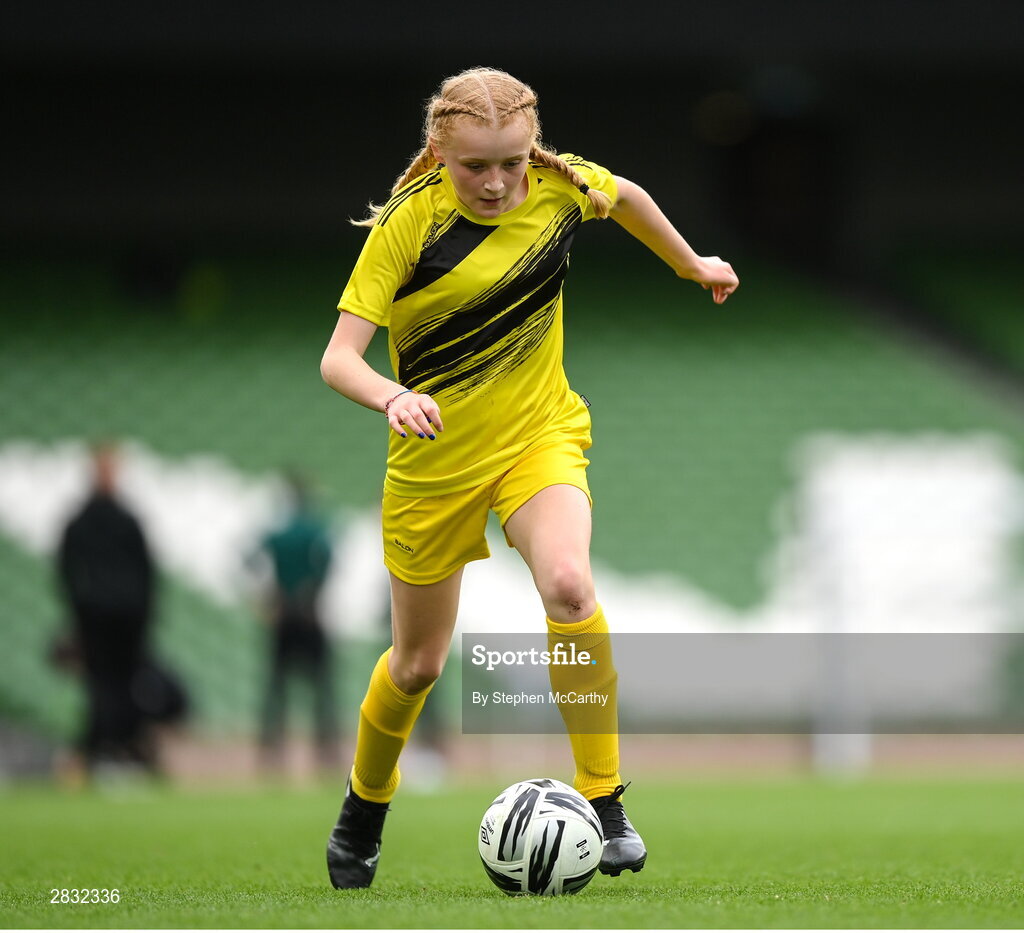 29 May 2024; Andie Forde Peat of Scoil Mhuire, Lacken, Cavan, during the FAI Primary 5s Finals day at Aviva Stadium in Dublin. Photo by Stephen McCarthy/Sportsfile