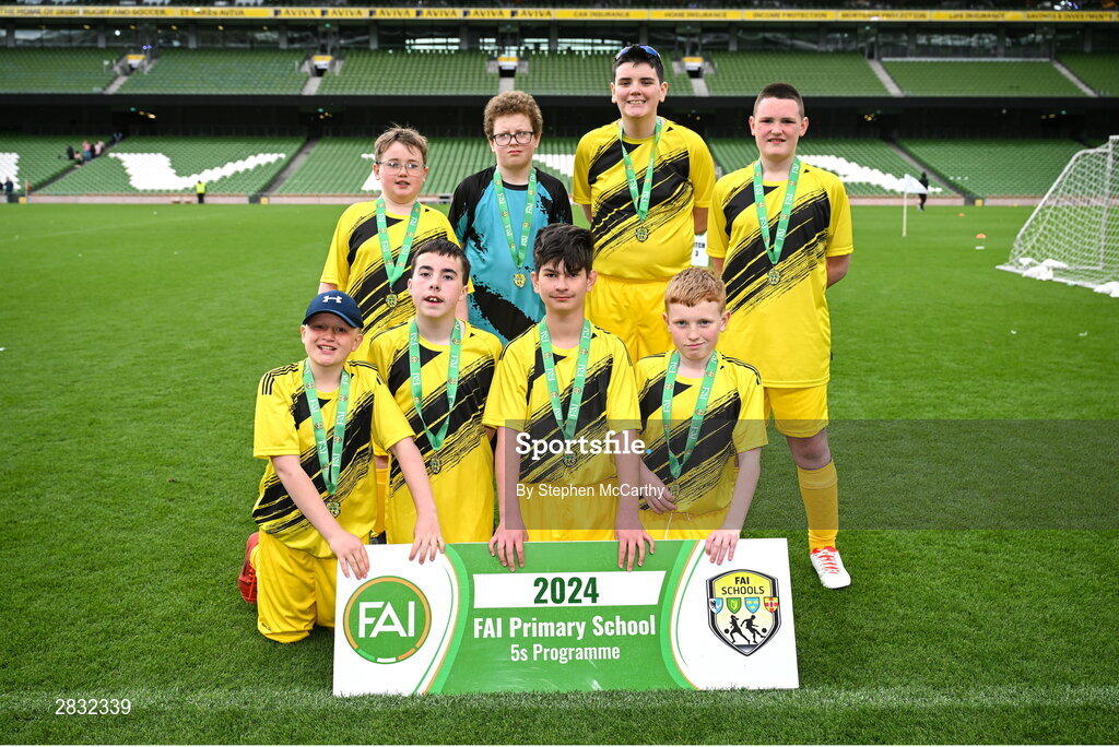 29 May 2024; Scoil Íosagáin, Buncrana, Inishowen, Donegal, during the FAI Primary 5s Finals day at Aviva Stadium in Dublin. Photo by Stephen McCarthy/Sportsfile