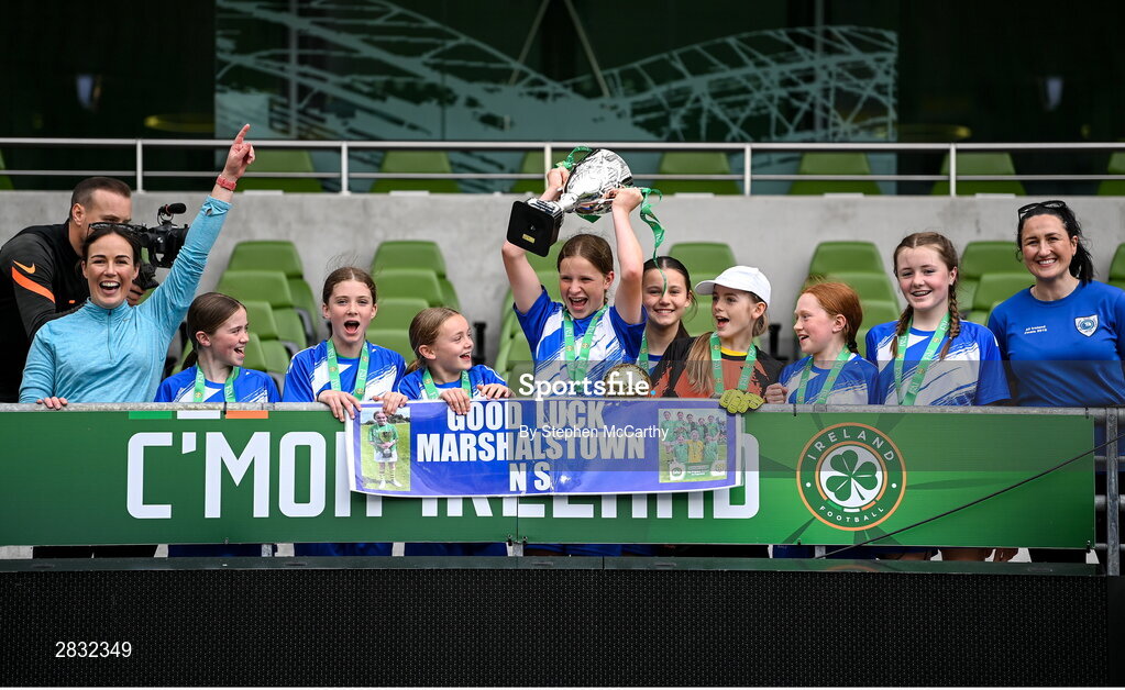 29 May 2024; Marshalstown NS, Wexford, players celebrate after winning the girls section B cup, for medium schools, during the FAI Primary 5s Finals day at Aviva Stadium in Dublin. Photo by Stephen McCarthy/Sportsfile