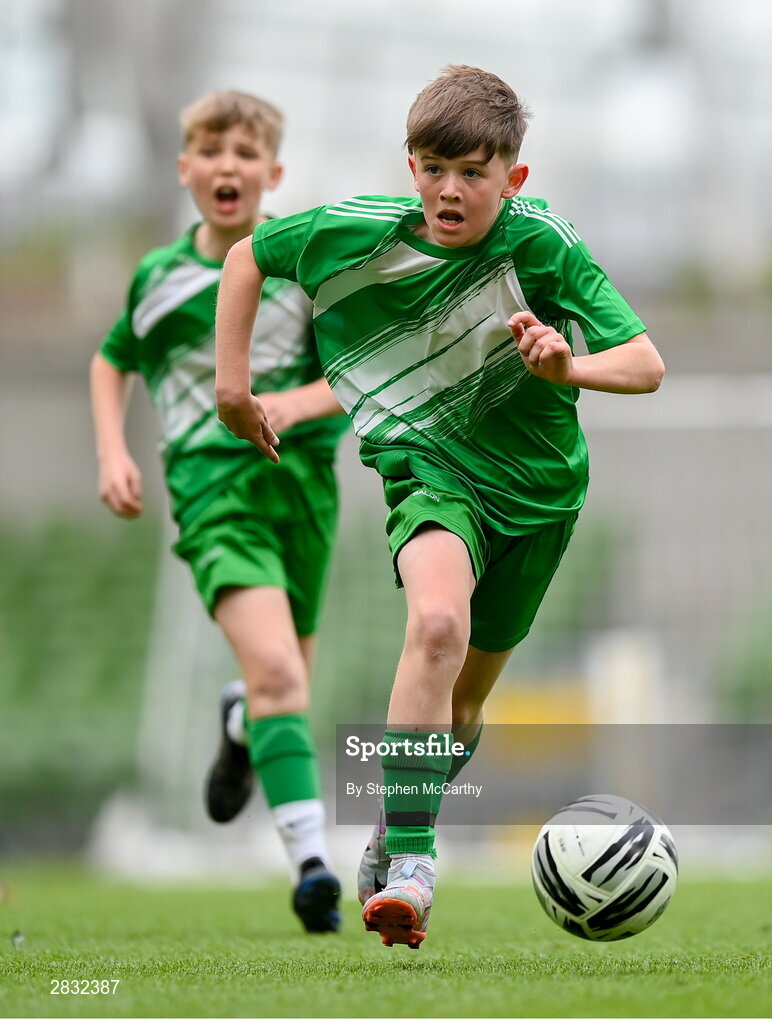 29 May 2024; Matthew Tierney of St Joseph’s PS, Ballinrobe, Mayo, during the FAI Primary 5s Finals day at Aviva Stadium in Dublin. Photo by Stephen McCarthy/Sportsfile