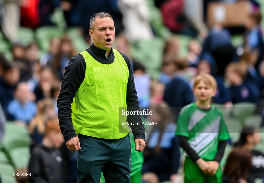 29 May 2024; St Joseph’s PS, Ballinrobe, Mayo, coach Alan Plunkett during the FAI Primary 5s Finals day at Aviva Stadium in Dublin. Photo by Stephen McCarthy/Sportsfile
