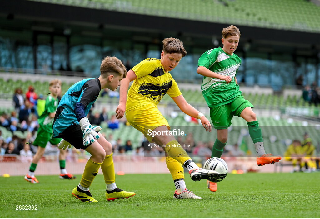 29 May 2024; Rory McGettigan of Illistrin NS, Donegal, during the FAI Primary 5s Finals day at Aviva Stadium in Dublin. Photo by Stephen McCarthy/Sportsfile