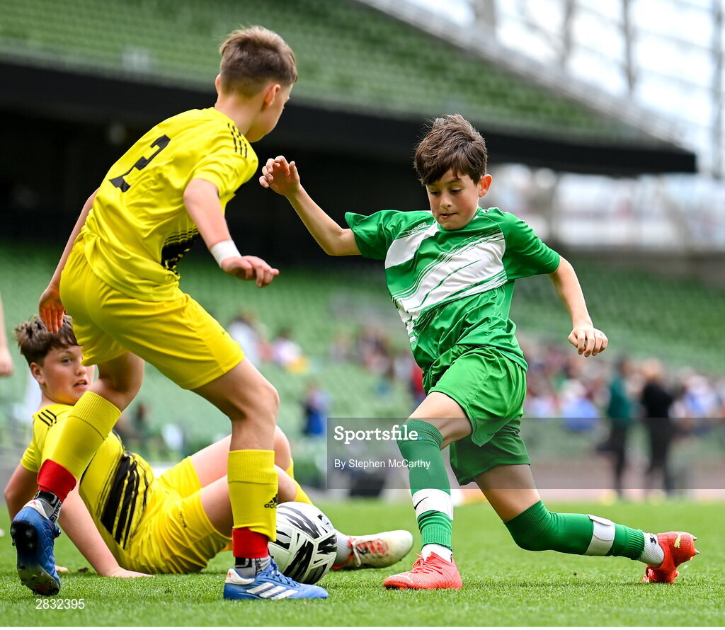 29 May 2024; Oisín O’Brien of St Joseph’s PS, Ballinrobe, Mayo, during the FAI Primary 5s Finals day at Aviva Stadium in Dublin. Photo by Stephen McCarthy/Sportsfile