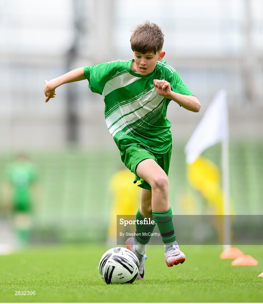 29 May 2024; Matthew Tierney of St Joseph’s PS, Ballinrobe, Mayo, during the FAI Primary 5s Finals day at Aviva Stadium in Dublin. Photo by Stephen McCarthy/Sportsfile
