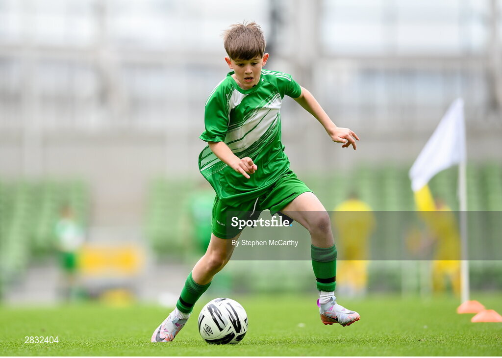29 May 2024; Matthew Tierney of St Joseph’s PS, Ballinrobe, Mayo, during the FAI Primary 5s Finals day at Aviva Stadium in Dublin. Photo by Stephen McCarthy/Sportsfile