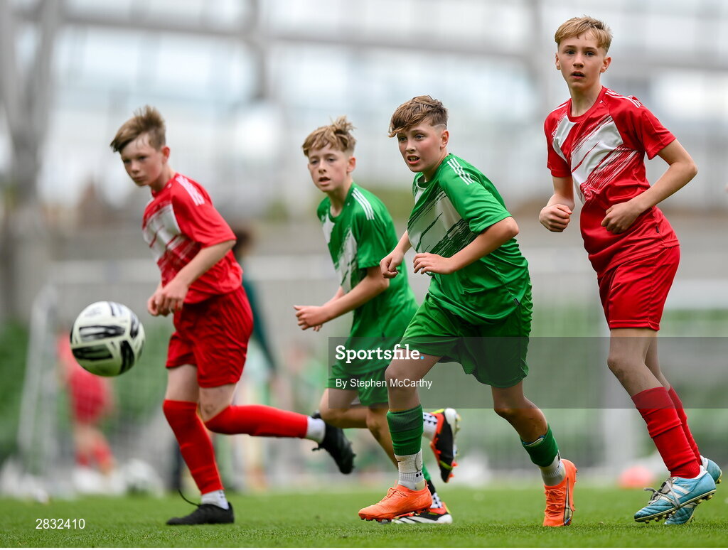 29 May 2024; Fionn Jennings of St Joseph’s PS, Ballinrobe, Mayo, second from right, during the FAI Primary 5s Finals day at Aviva Stadium in Dublin. Photo by Stephen McCarthy/Sportsfile