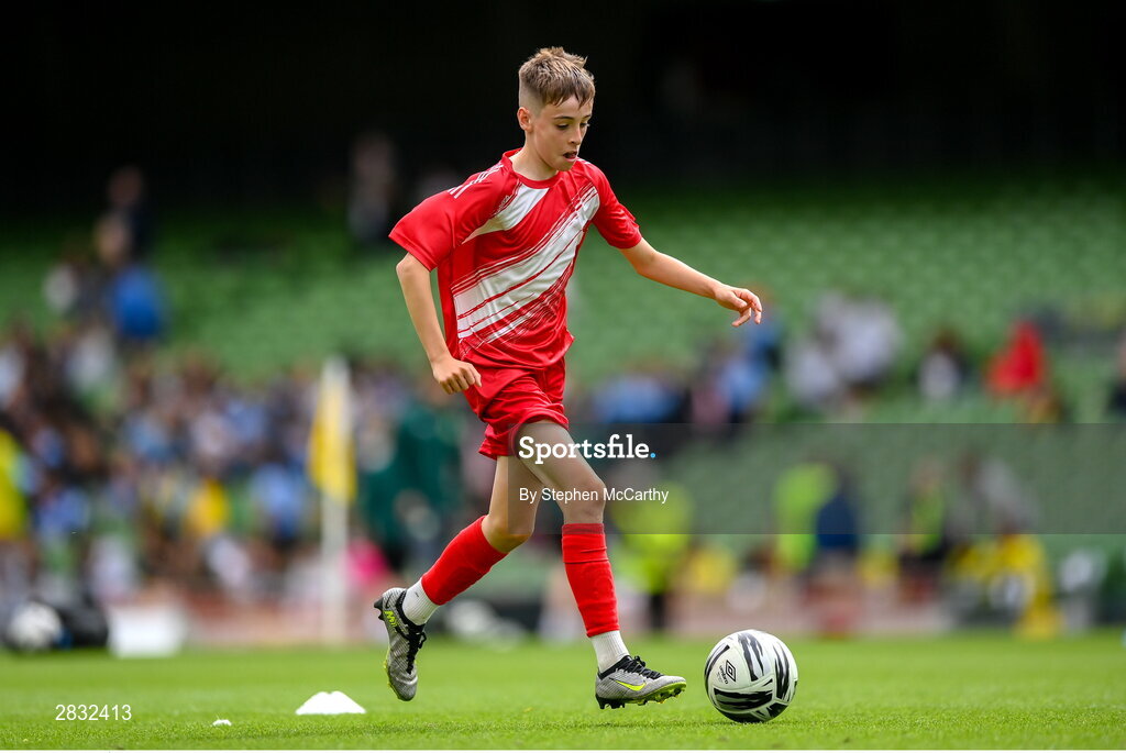 29 May 2024; Tom Ó Caoimh of Gaelscoil Choinn tSáile, Cork, during the FAI Primary 5s Finals day at Aviva Stadium in Dublin. Photo by Stephen McCarthy/Sportsfile