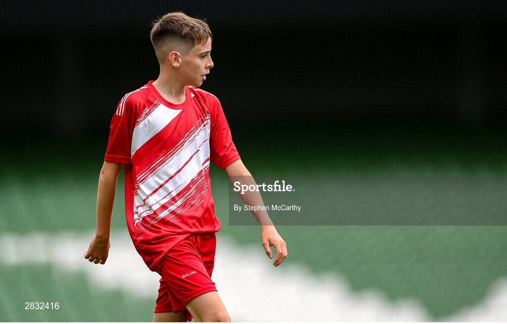 29 May 2024; Tom Ó Caoimh of Gaelscoil Choinn tSáile, Cork, during the FAI Primary 5s Finals day at Aviva Stadium in Dublin. Photo by Stephen McCarthy/Sportsfile