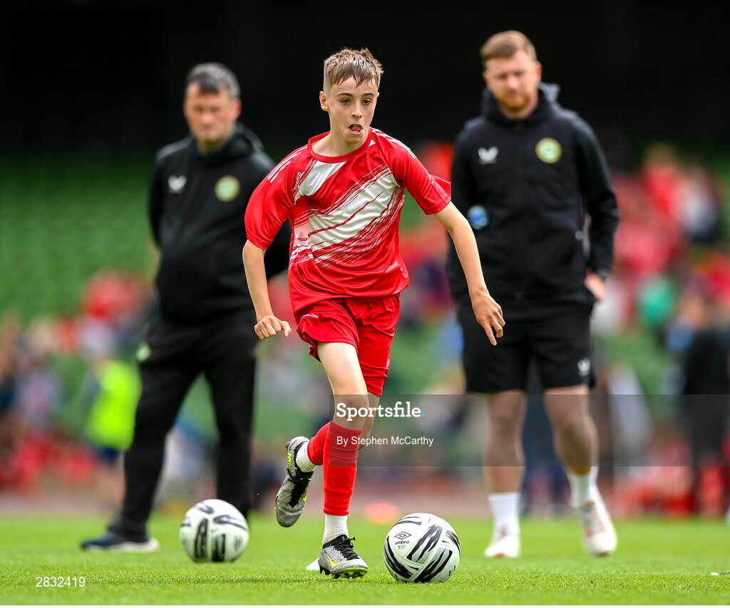 29 May 2024; Tom Ó Caoimh of Gaelscoil Choinn tSáile, Cork, during the FAI Primary 5s Finals day at Aviva Stadium in Dublin. Photo by Stephen McCarthy/Sportsfile