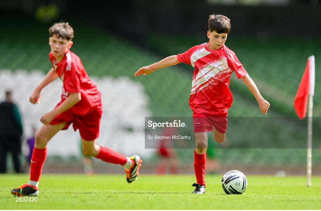 29 May 2024; Jeaic MacCárthaigh of Gaelscoil Choinn tSáile, Cork, during the FAI Primary 5s Finals day at Aviva Stadium in Dublin. Photo by Stephen McCarthy/Sportsfile