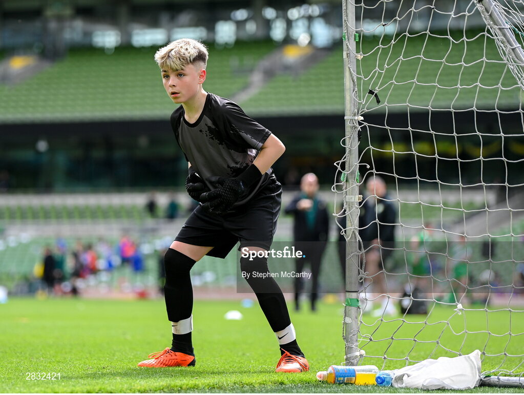 29 May 2024; Jamie Needham of Scoil Phádraig, Westport, Mayo, during the FAI Primary 5s Finals day at Aviva Stadium in Dublin. Photo by Stephen McCarthy/Sportsfile