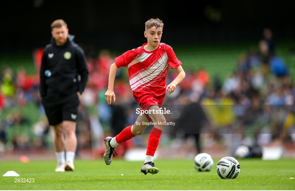 29 May 2024; Tom Ó Caoimh of Gaelscoil Choinn tSáile, Cork, during the FAI Primary 5s Finals day at Aviva Stadium in Dublin. Photo by Stephen McCarthy/Sportsfile