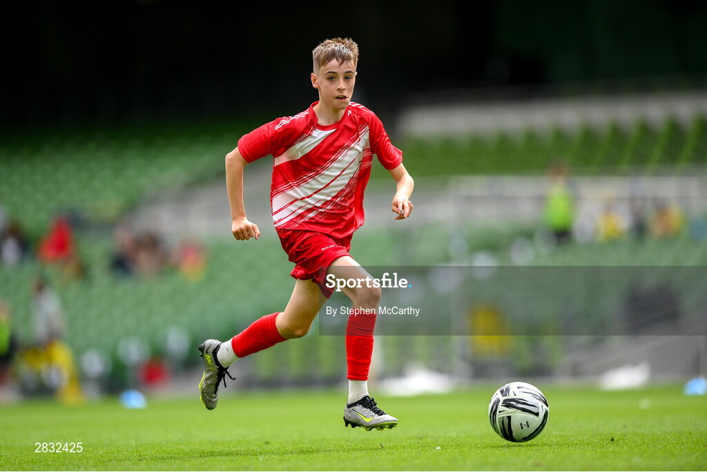 29 May 2024; Tom Ó Caoimh of Gaelscoil Choinn tSáile, Cork, during the FAI Primary 5s Finals day at Aviva Stadium in Dublin. Photo by Stephen McCarthy/Sportsfile