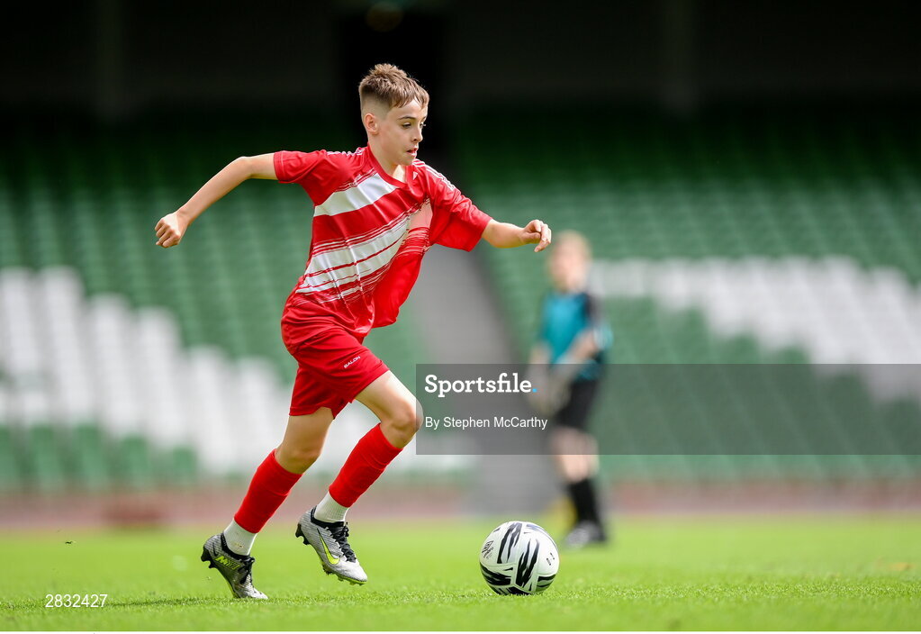 29 May 2024; Tom Ó Caoimh of Gaelscoil Choinn tSáile, Cork, during the FAI Primary 5s Finals day at Aviva Stadium in Dublin. Photo by Stephen McCarthy/Sportsfile