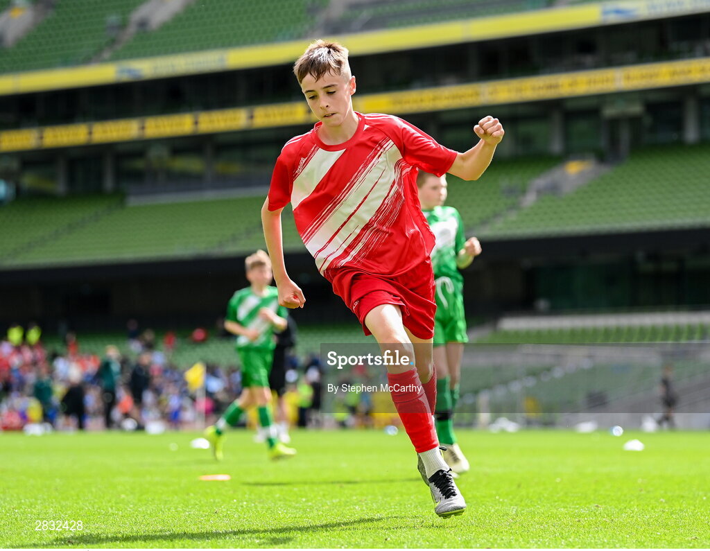 29 May 2024; Tom Ó Caoimh of Gaelscoil Choinn tSáile, Cork, celebrates after scoring a goal during the FAI Primary 5s Finals day at Aviva Stadium in Dublin. Photo by Stephen McCarthy/Sportsfile