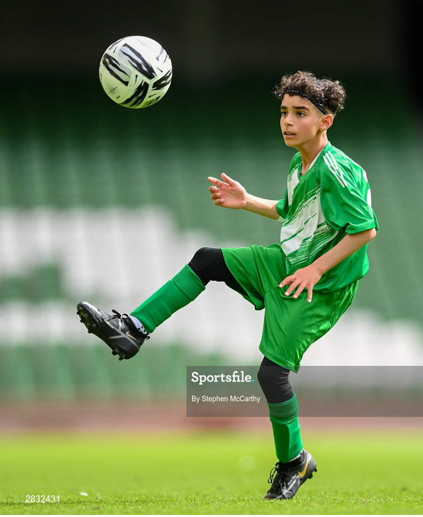 29 May 2024; Mounir Soufan of Scoil Phádraig, Westport, Mayo, during the FAI Primary 5s Finals day at Aviva Stadium in Dublin. Photo by Stephen McCarthy/Sportsfile