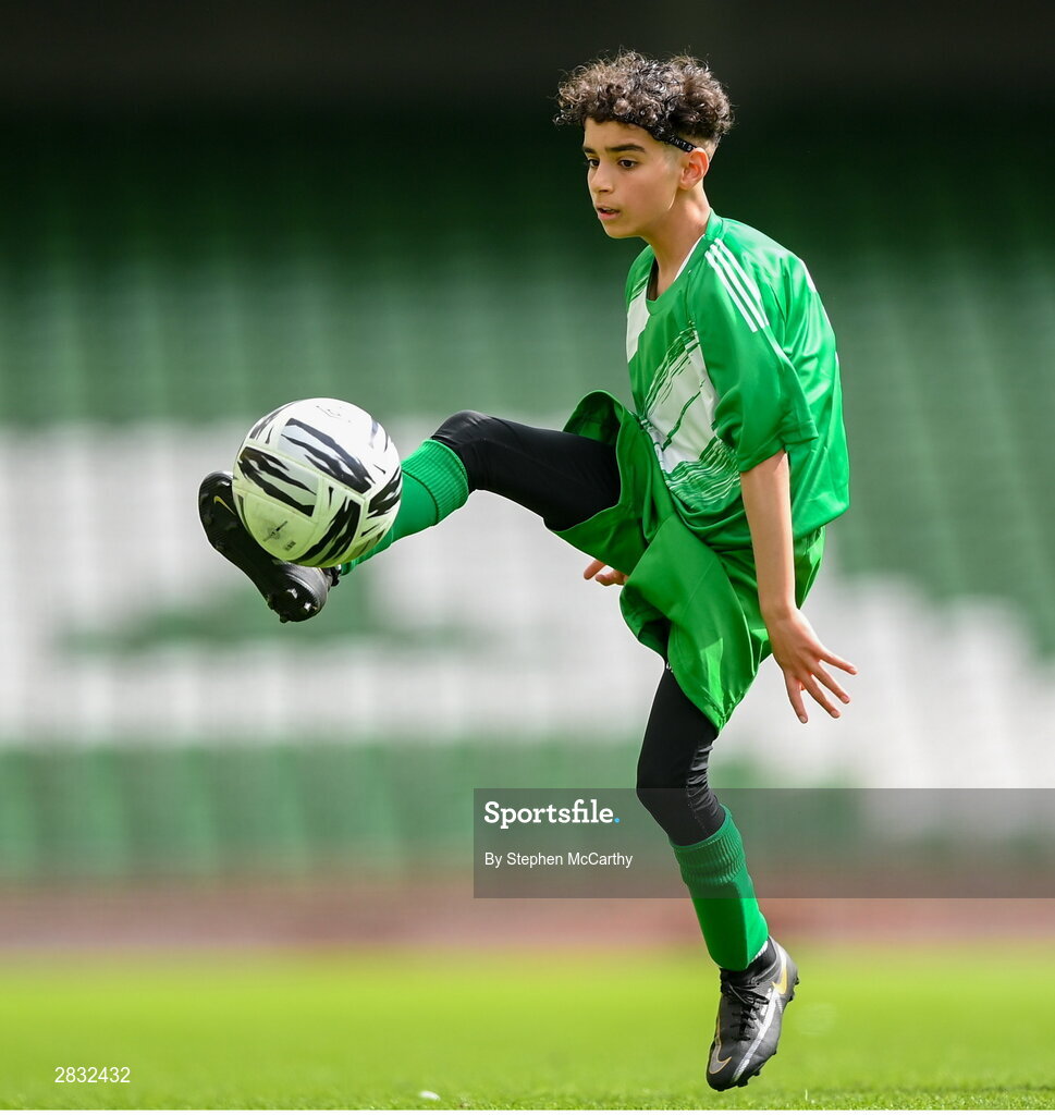 29 May 2024; Mounir Soufan of Scoil Phádraig, Westport, Mayo, during the FAI Primary 5s Finals day at Aviva Stadium in Dublin. Photo by Stephen McCarthy/Sportsfile