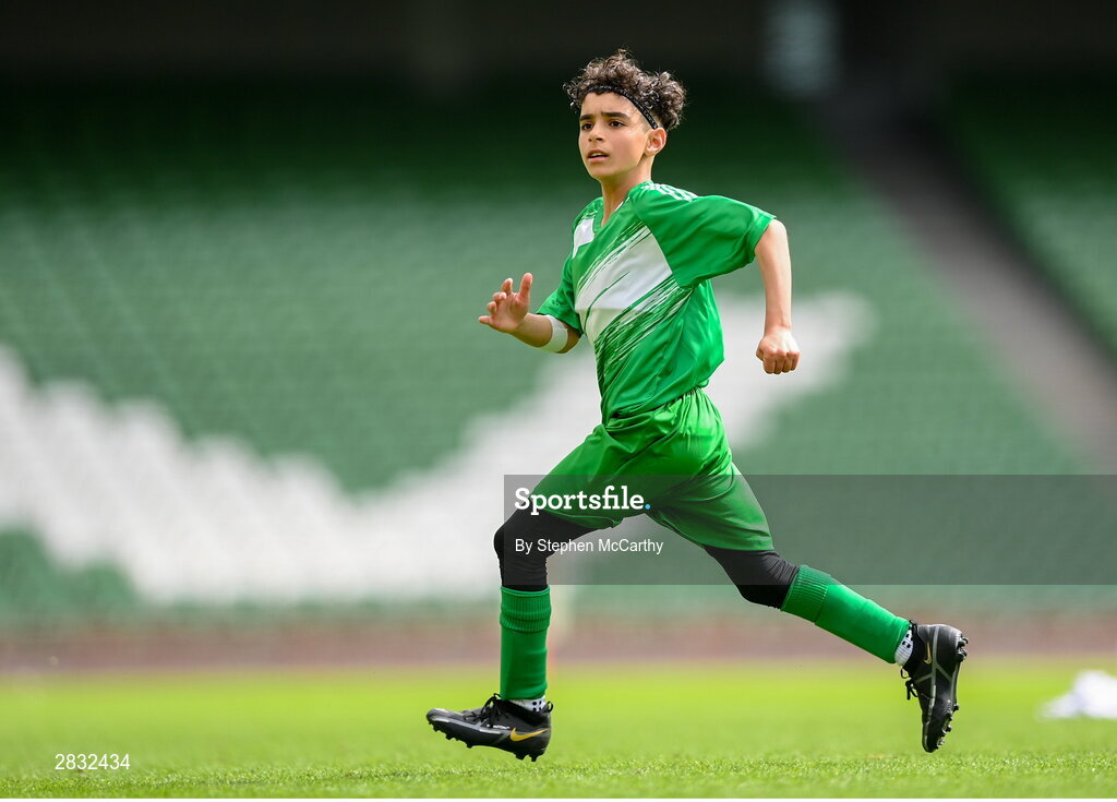 29 May 2024; Mounir Soufan of Scoil Phádraig, Westport, Mayo, during the FAI Primary 5s Finals day at Aviva Stadium in Dublin. Photo by Stephen McCarthy/Sportsfile