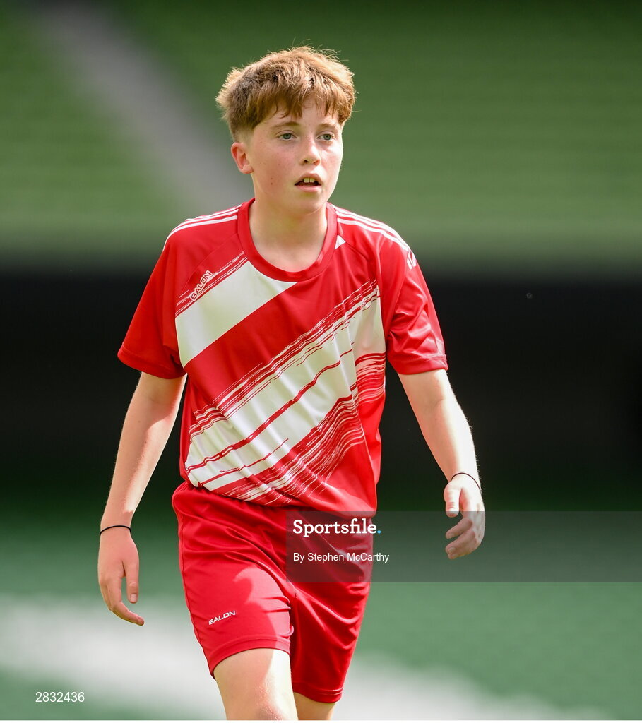 29 May 2024; Stiofán Barlow of Gaelscoil Choinn tSáile, Cork, during the FAI Primary 5s Finals day at Aviva Stadium in Dublin. Photo by Stephen McCarthy/Sportsfile