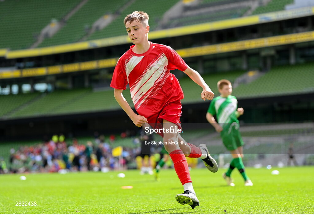 29 May 2024; Tom Ó Caoimh of Gaelscoil Choinn tSáile, Cork, celebrates after scoring a goal during the FAI Primary 5s Finals day at Aviva Stadium in Dublin. Photo by Stephen McCarthy/Sportsfile