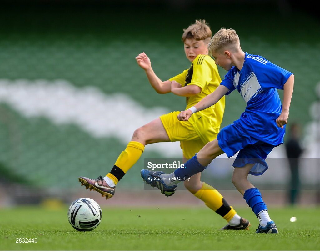 29 May 2024; Eoghan Hosie of Kentstown NS, Meath, during the FAI Primary 5s Finals day at Aviva Stadium in Dublin. Photo by Stephen McCarthy/Sportsfile