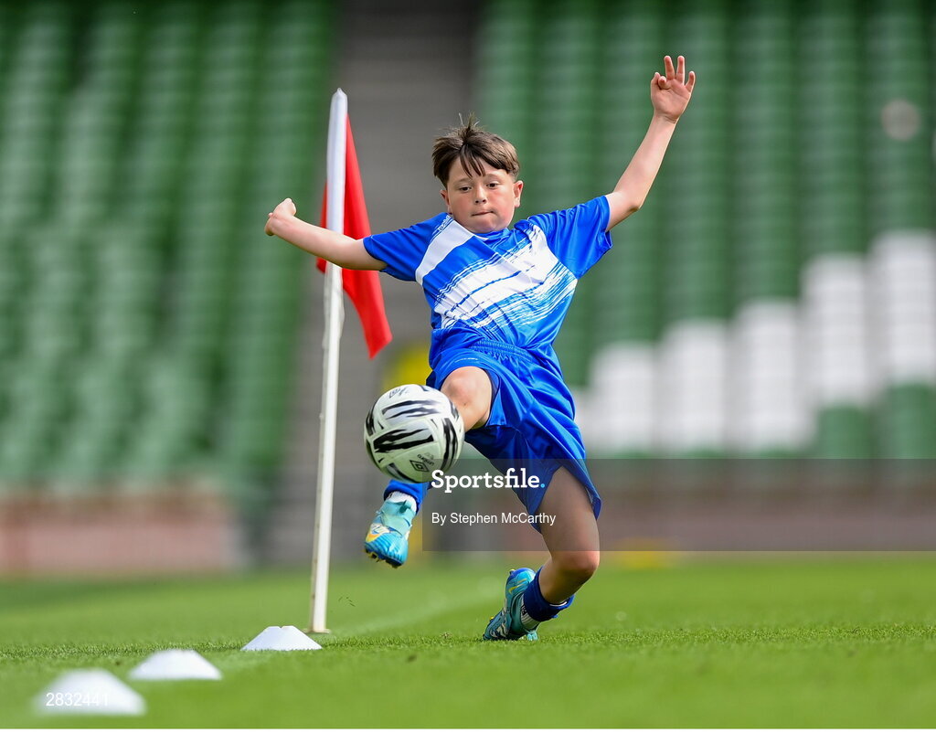 29 May 2024; Oisín Melia of Kentstown NS, Meath, during the FAI Primary 5s Finals day at Aviva Stadium in Dublin. Photo by Stephen McCarthy/Sportsfile