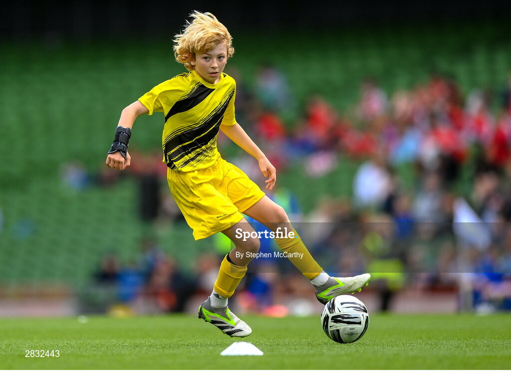 29 May 2024; Lewis Quinn of St Eunan’s NS, Raphoe, Donegal, during the FAI Primary 5s Finals day at Aviva Stadium in Dublin. Photo by Stephen McCarthy/Sportsfile