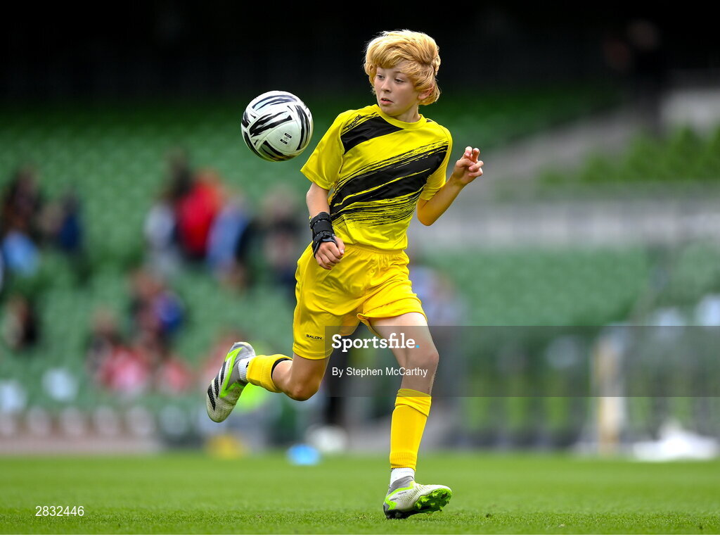 29 May 2024; Lewis Quinn of St Eunan’s NS, Raphoe, Donegal, during the FAI Primary 5s Finals day at Aviva Stadium in Dublin. Photo by Stephen McCarthy/Sportsfile