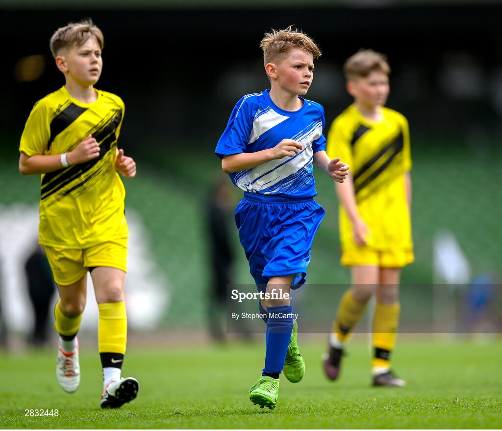 29 May 2024; Austin Barry of Kentstown NS, Meath, during the FAI Primary 5s Finals day at Aviva Stadium in Dublin. Photo by Stephen McCarthy/Sportsfile