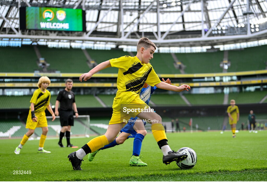 29 May 2024; Jayden Laird of St Eunan’s NS, Raphoe, Donegal, during the FAI Primary 5s Finals day at Aviva Stadium in Dublin. Photo by Stephen McCarthy/Sportsfile