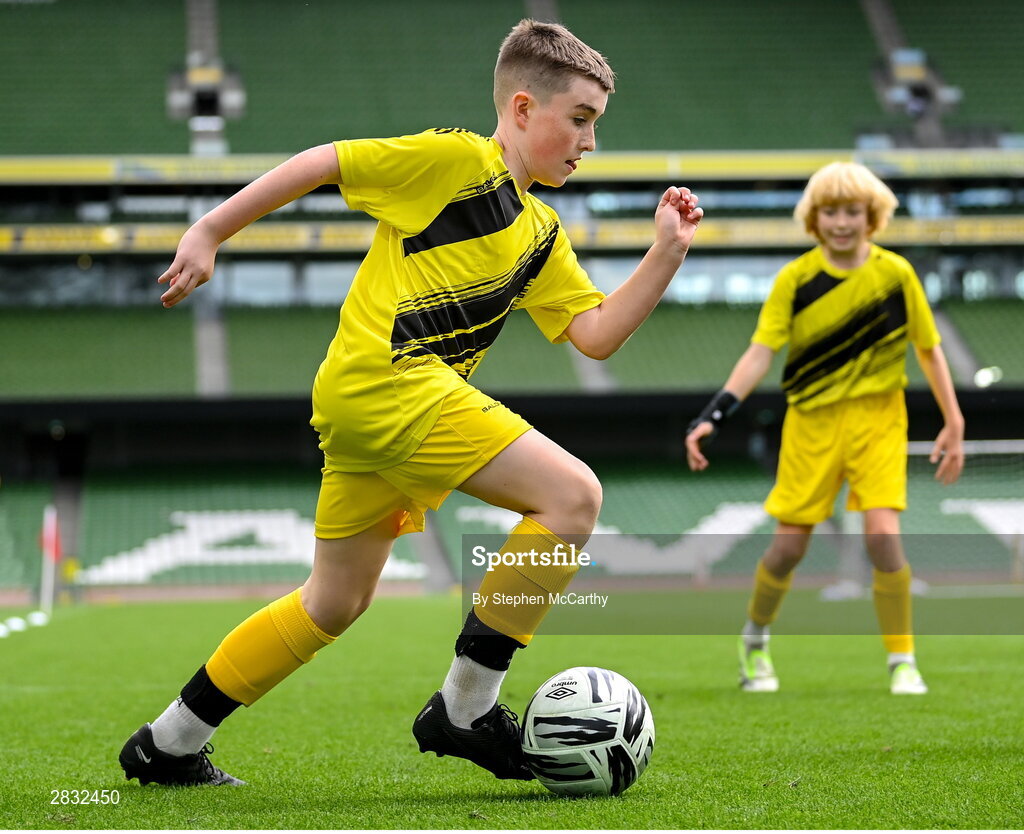 29 May 2024; Jayden Laird of St Eunan’s NS, Raphoe, Donegal, during the FAI Primary 5s Finals day at Aviva Stadium in Dublin. Photo by Stephen McCarthy/Sportsfile