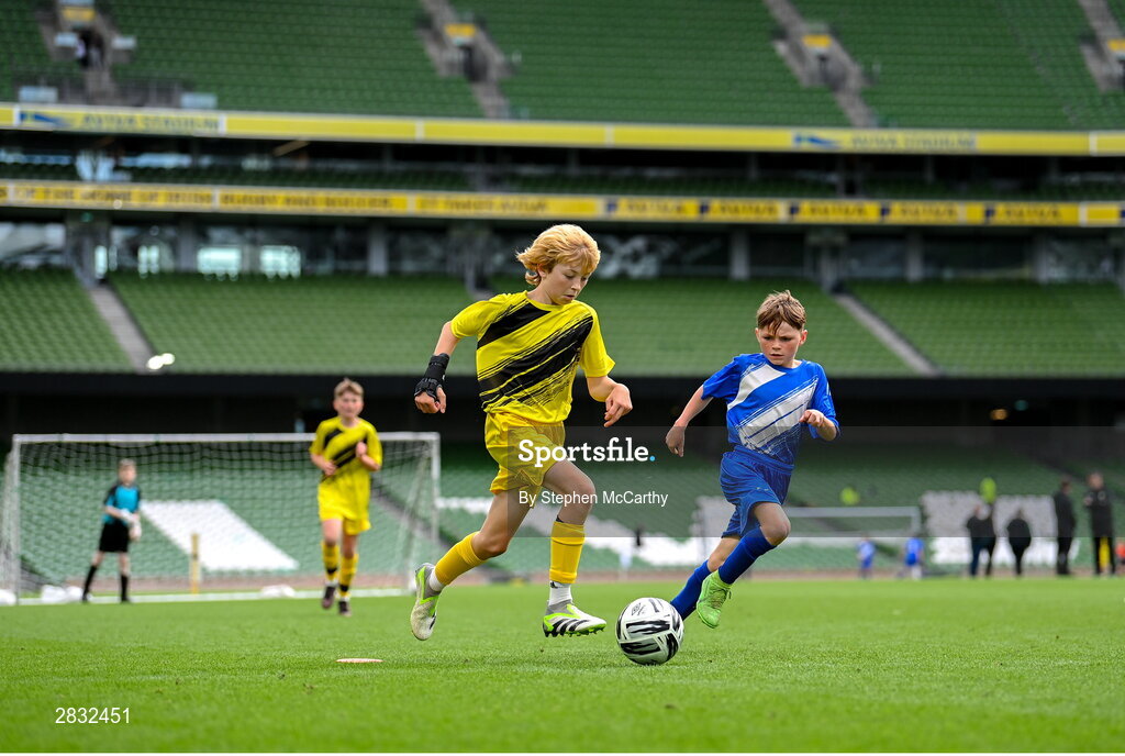 29 May 2024; Lewis Quinn of St Eunan’s NS, Raphoe, Donegal, during the FAI Primary 5s Finals day at Aviva Stadium in Dublin. Photo by Stephen McCarthy/Sportsfile