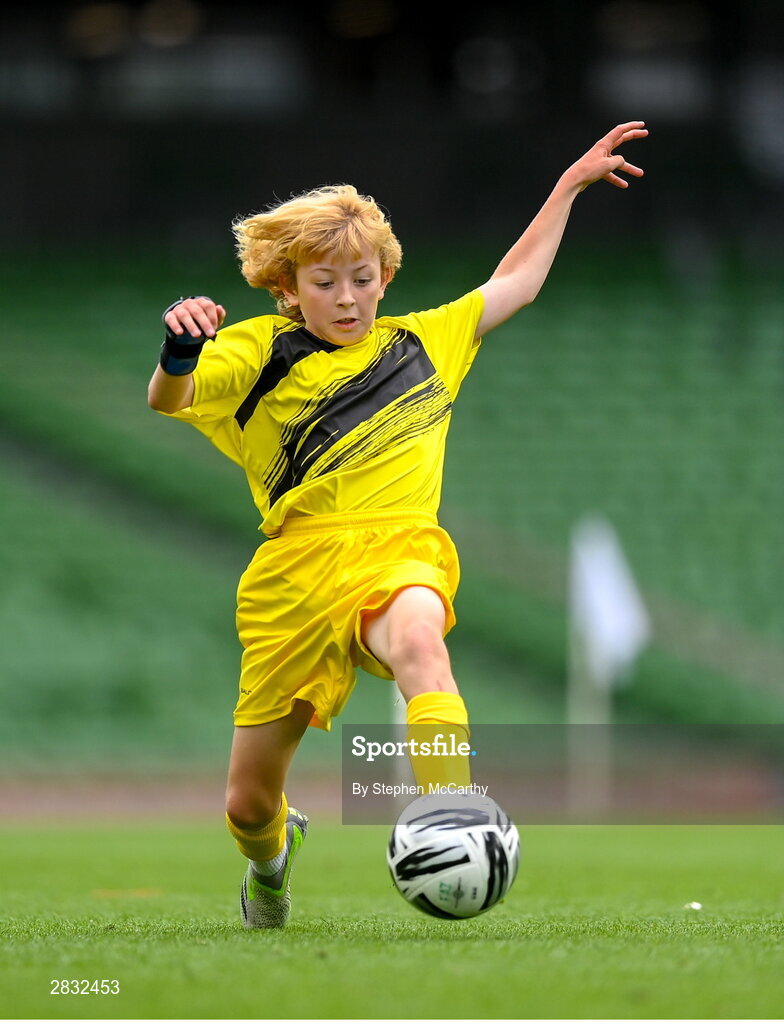 29 May 2024; Lewis Quinn of St Eunan’s NS, Raphoe, Donegal, during the FAI Primary 5s Finals day at Aviva Stadium in Dublin. Photo by Stephen McCarthy/Sportsfile
