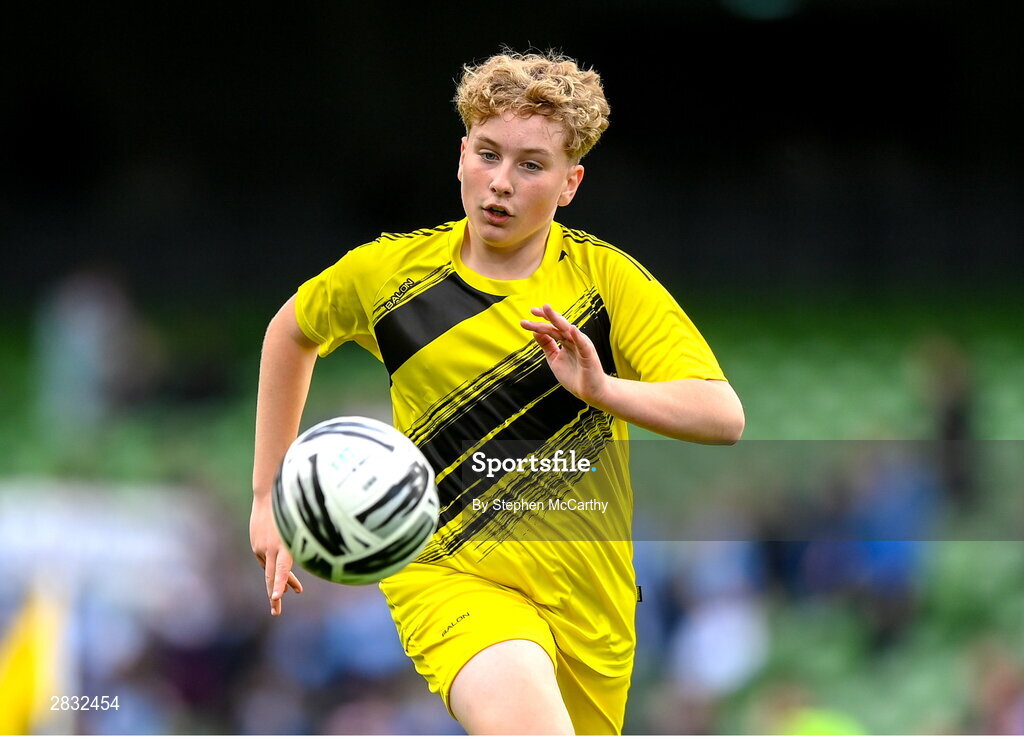 29 May 2024; Riley McBride of St Eunan’s NS, Raphoe, Donegal, during the FAI Primary 5s Finals day at Aviva Stadium in Dublin. Photo by Stephen McCarthy/Sportsfile