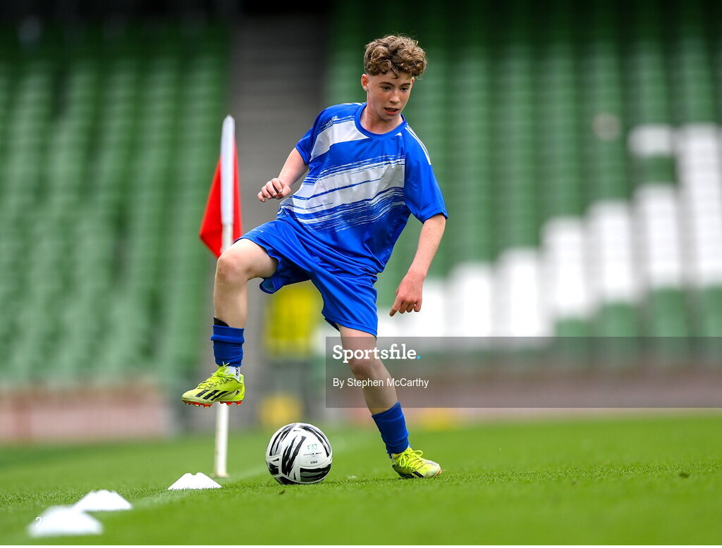 29 May 2024; Mossie Gillic of Kentstown NS, Meath, during the FAI Primary 5s Finals day at Aviva Stadium in Dublin. Photo by Stephen McCarthy/Sportsfile