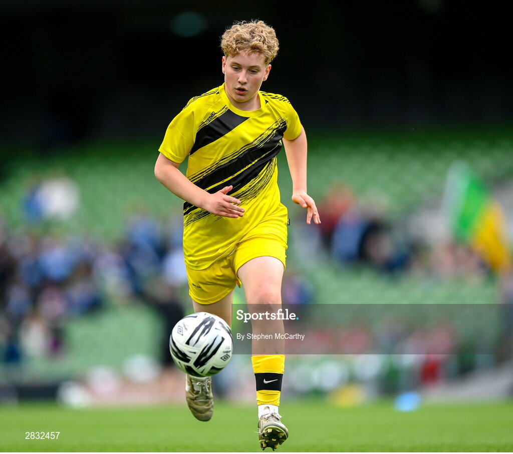 29 May 2024; Riley McBride of St Eunan’s NS, Raphoe, Donegal, during the FAI Primary 5s Finals day at Aviva Stadium in Dublin. Photo by Stephen McCarthy/Sportsfile