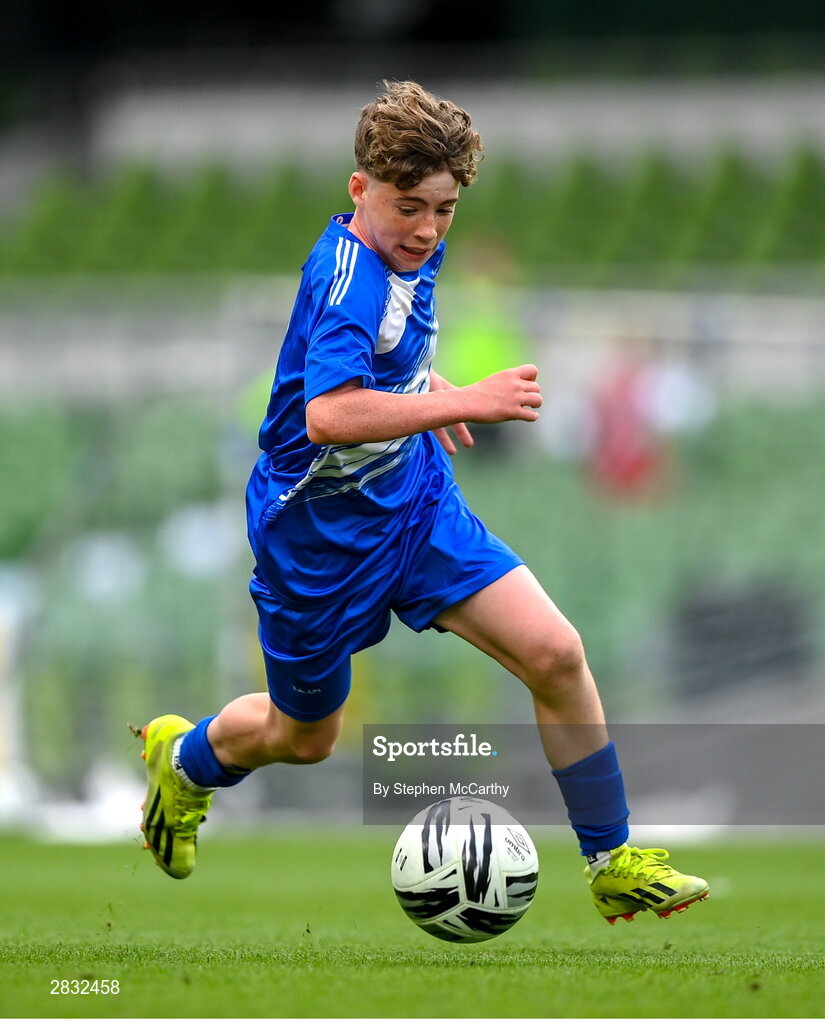 29 May 2024; Mossie Gillic of Kentstown NS, Meath, during the FAI Primary 5s Finals day at Aviva Stadium in Dublin. Photo by Stephen McCarthy/Sportsfile