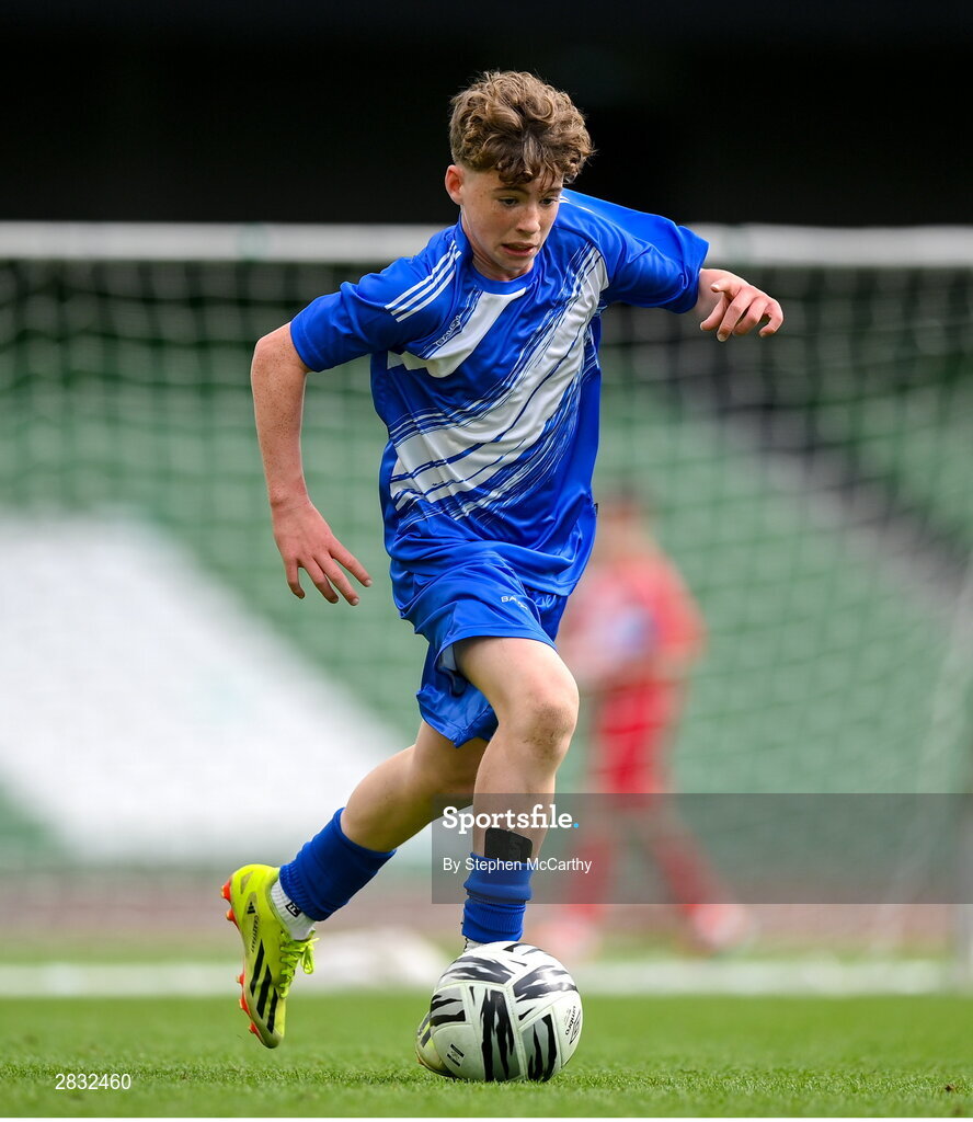 29 May 2024; Mossie Gillic of Kentstown NS, Meath, during the FAI Primary 5s Finals day at Aviva Stadium in Dublin. Photo by Stephen McCarthy/Sportsfile