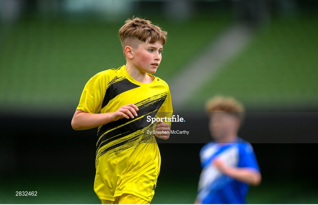 29 May 2024; Conor Farrell of St Eunan’s NS, Raphoe, Donegal, during the FAI Primary 5s Finals day at Aviva Stadium in Dublin. Photo by Stephen McCarthy/Sportsfile