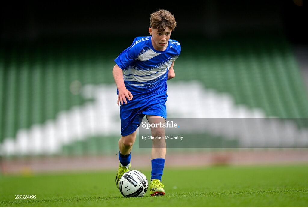29 May 2024; Mossie Gillic of Kentstown NS, Meath, during the FAI Primary 5s Finals day at Aviva Stadium in Dublin. Photo by Stephen McCarthy/Sportsfile