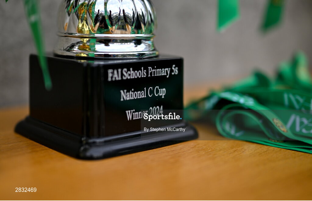 29 May 2024; A detailed view of the trophy during the FAI Primary 5s Finals day at Aviva Stadium in Dublin. Photo by Stephen McCarthy/Sportsfile